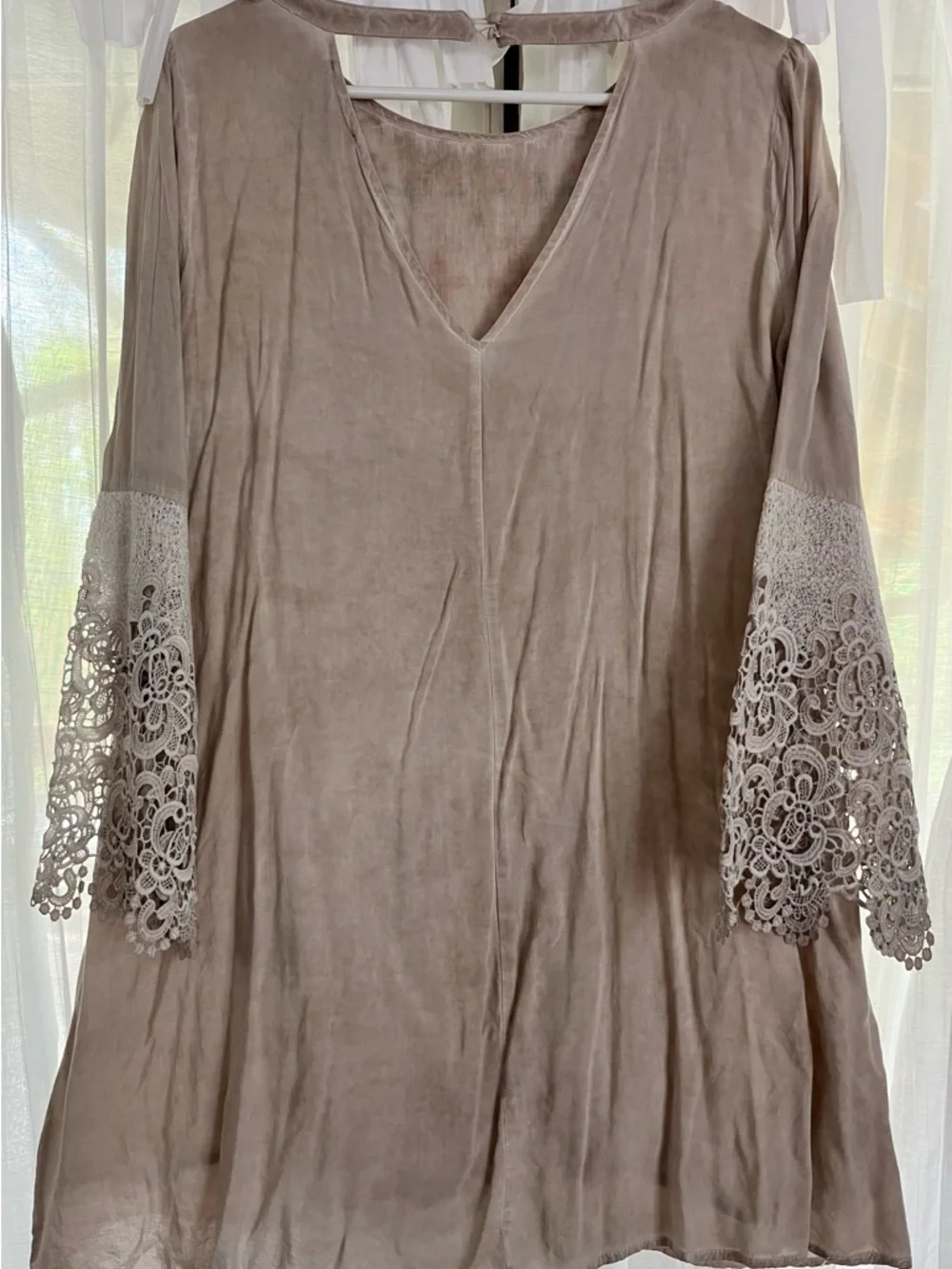 Taupe Embroidered Long-Sleeve Boho Top with Lace Sleeves - Picture 3 of 3